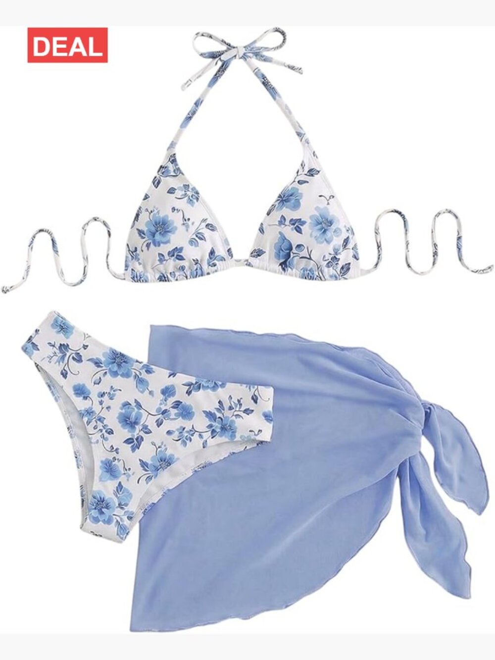 3 Piece Polka Dots Floral Bikini Set with Wrap Coverup Halter Triangle Swimsuits